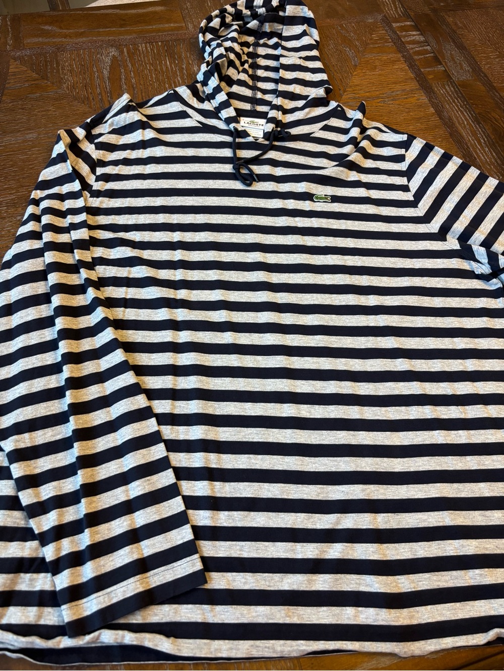 Lacoste Men’s Navy & Gray Striped Hooded Long Sleeve Shirt